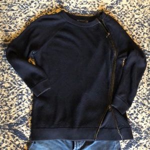 Noir sweater, faux leather trim, asymmetrical zip